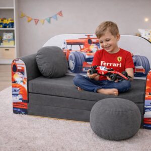 Pro Cosmo umwandelbares Kindersofa – perfekt zum Spielen und Schlafen – mit Abnehmbarer Matratze, Kissen und Pouf – 98x168x59 cm – leicht und einfach zusammenklappbar - A22 - Grau/Rot - F1