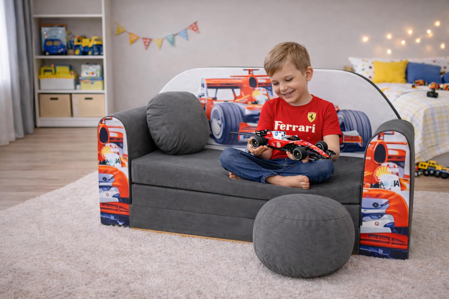 Pro Cosmo umwandelbares Kindersofa – perfekt zum Spielen und Schlafen – mit Abnehmbarer Matratze, Kissen und Pouf – 98x168x59 cm – leicht und einfach zusammenklappbar - A22 - Grau/Rot - F1