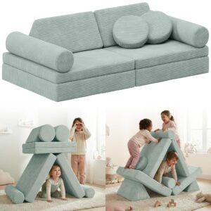 BELLABINO Nile Kindercouch mit Armlehnen 8-tlg. – Spielesofa mit Cordbezug Türkis – modulare Kindersofa aus Schaumstoff Bausteinen – klappbare Spielcouch – Kuschelecke Sofa mit Schlaffunktion waschbar