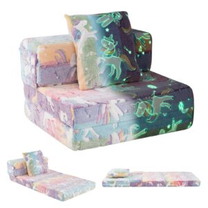 COSTWAY 3 in 1 Kindersofa im Dunkeln Leuchtend, Kindersessel ausklappbar mit Kissen & abnehmbarem Bezug, Kindercouch gepolstert mit Schlaffunktion, Spielsofa umwandelbar für Kinderzimmer (Bunt)