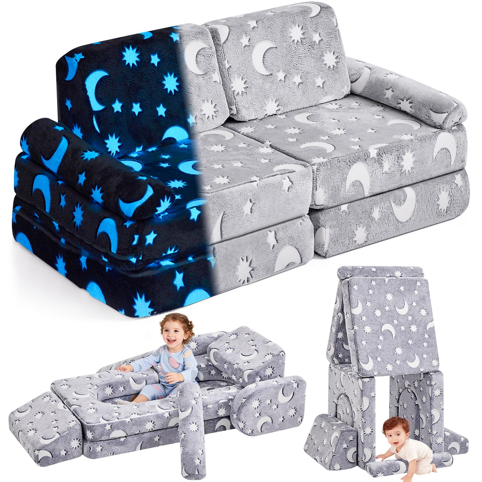 IFNOW Modulares Kinder-Spielsofa, Kleinkind-Couch, Kindersofa, Schlaf- und Spielzimmermöbel für Kleinkinder, umwandelbares Schaumstoff- und Bodenkissen für Jungen und Mädchen, leuchtet im Dunkeln