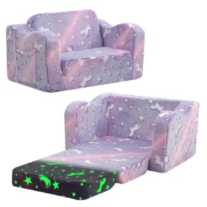 MeMoreCool Kinder-Couch-Sofa, zusammenklappbarer Kleinkindstuhl, Bett, weicher Plüsch, ausklappbar, Kindersessel, Sofa, leuchtet im Dunkeln, bequeme Baby-Liege für Mädchen und Jungen, lila Einhorn