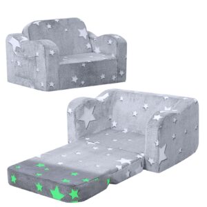 MeMoreCool Kindersofa Ausklappbar, 2-in-1 Kleinkinder Schlafsofa, Kindersessel mit Schlaffunktion, Mini Couch für Kuschelecke Kinderzimmer, Fancy Spielsofa für Mädchen und Jungen, Grau Stern