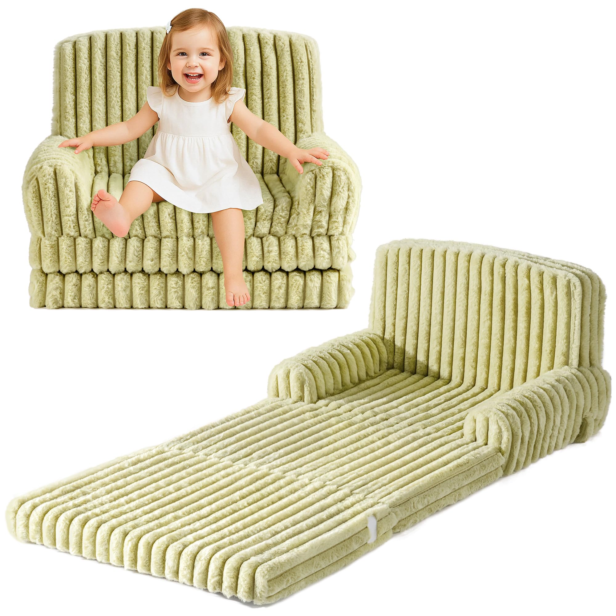 ROBUD Kinder Sofa 2-in-1 Klappsofa & Matratze – Faltbares Kindersofa mit abnehmbarem Bezug, Aufbewahrungstasche & Tragegriff - Grün