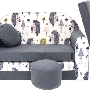Pro Cosmo umwandelbares Kindersofa – perfekt zum Spielen und Schlafen – mit Abnehmbarer Matratze, Kissen und Pouf – 98 x 168 x 59 cm – leicht und einfach zusammenklappbar – Farbe AX1 Grau - Igel