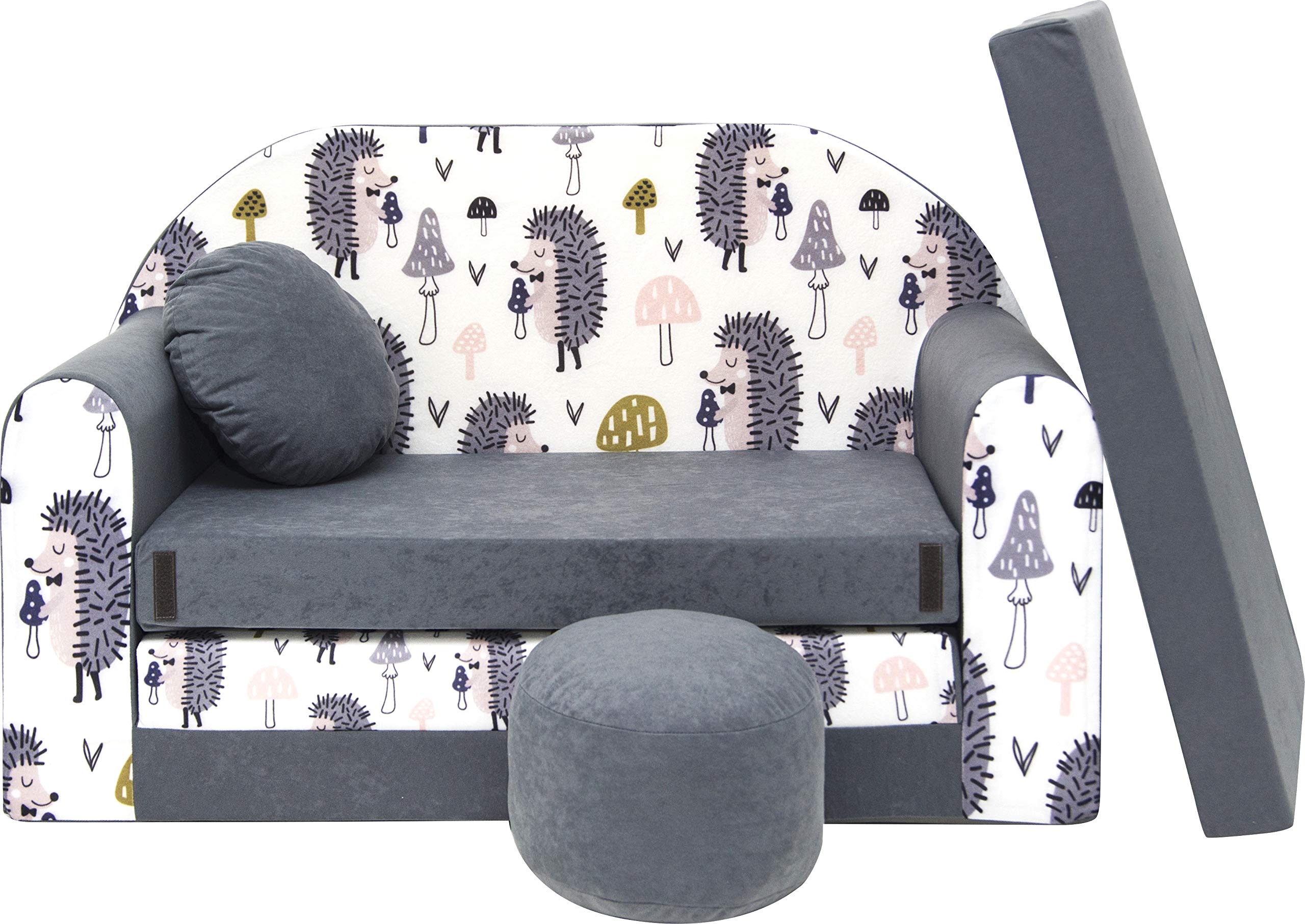 Pro Cosmo umwandelbares Kindersofa – perfekt zum Spielen und Schlafen – mit Abnehmbarer Matratze, Kissen und Pouf – 98 x 168 x 59 cm – leicht und einfach zusammenklappbar – Farbe AX1 Grau - Igel