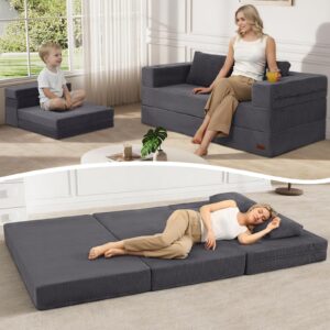 MeMoreCool Umwandelbares Schlafsofa, zusammenklappbar, Boden ohne Knochen, umwandelbares Kindersofa und Schlafmatratze mit Kissen, bequemer Lounge-Zweisitzer für Wohnzimmer, Schlafzimmer, Grau