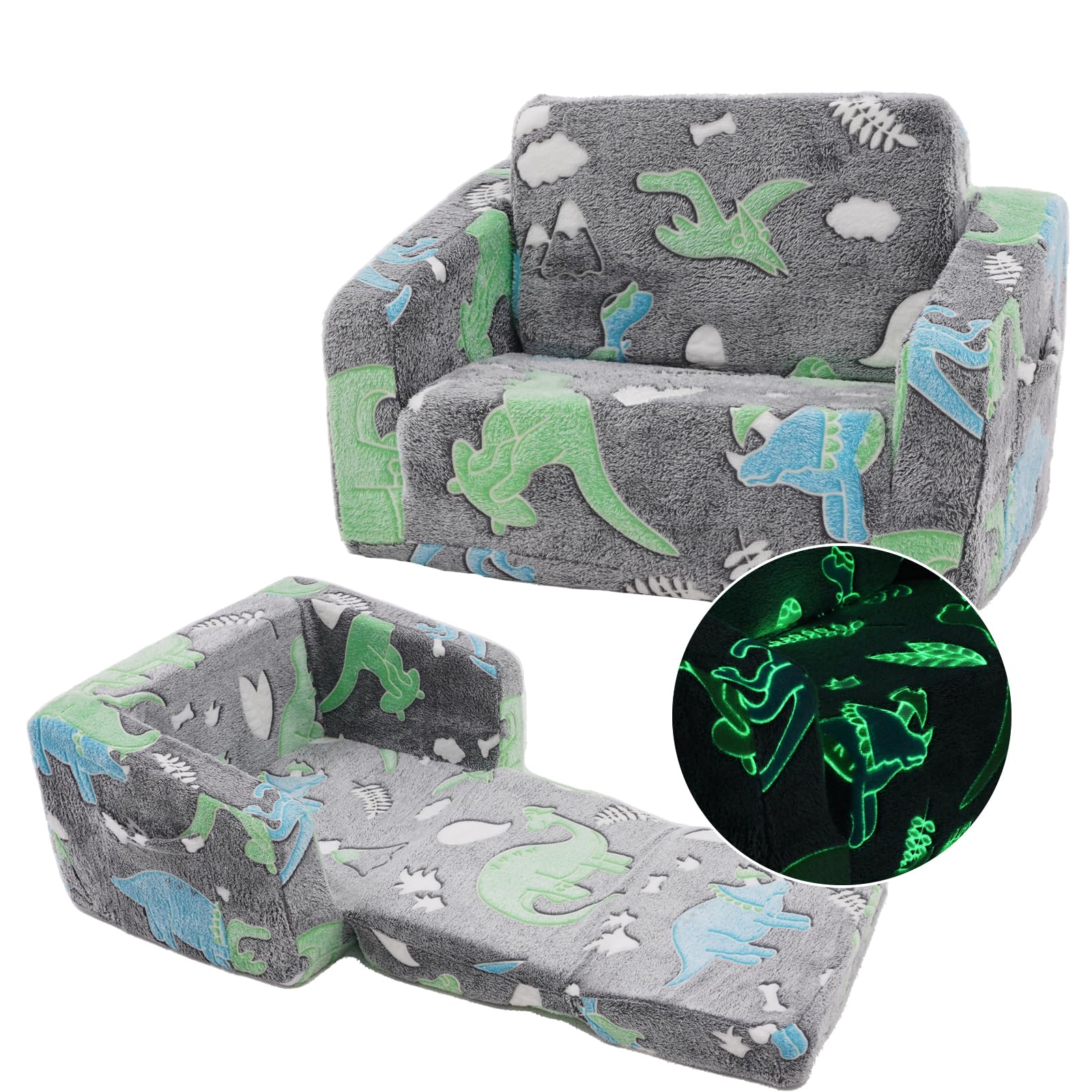Yosamy Kindersofa, 2 in 1 Kindersofa Ausklappbar, Schlafsofa, Abnehmbar und Waschbar, Mini Spielsofa für Jungen und Mädchen Kinderzimmer, Dinosauriermuster