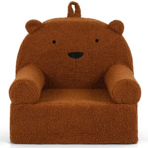 COSTWAY Kindersofa in Bärenform, Kindersessel gepolstert mit Griff aus Schaumstoff & Teddystoff, Kindercouch mit waschbarer Bezug, Spielsofa für Kinder ab 3 Jahren, Braun