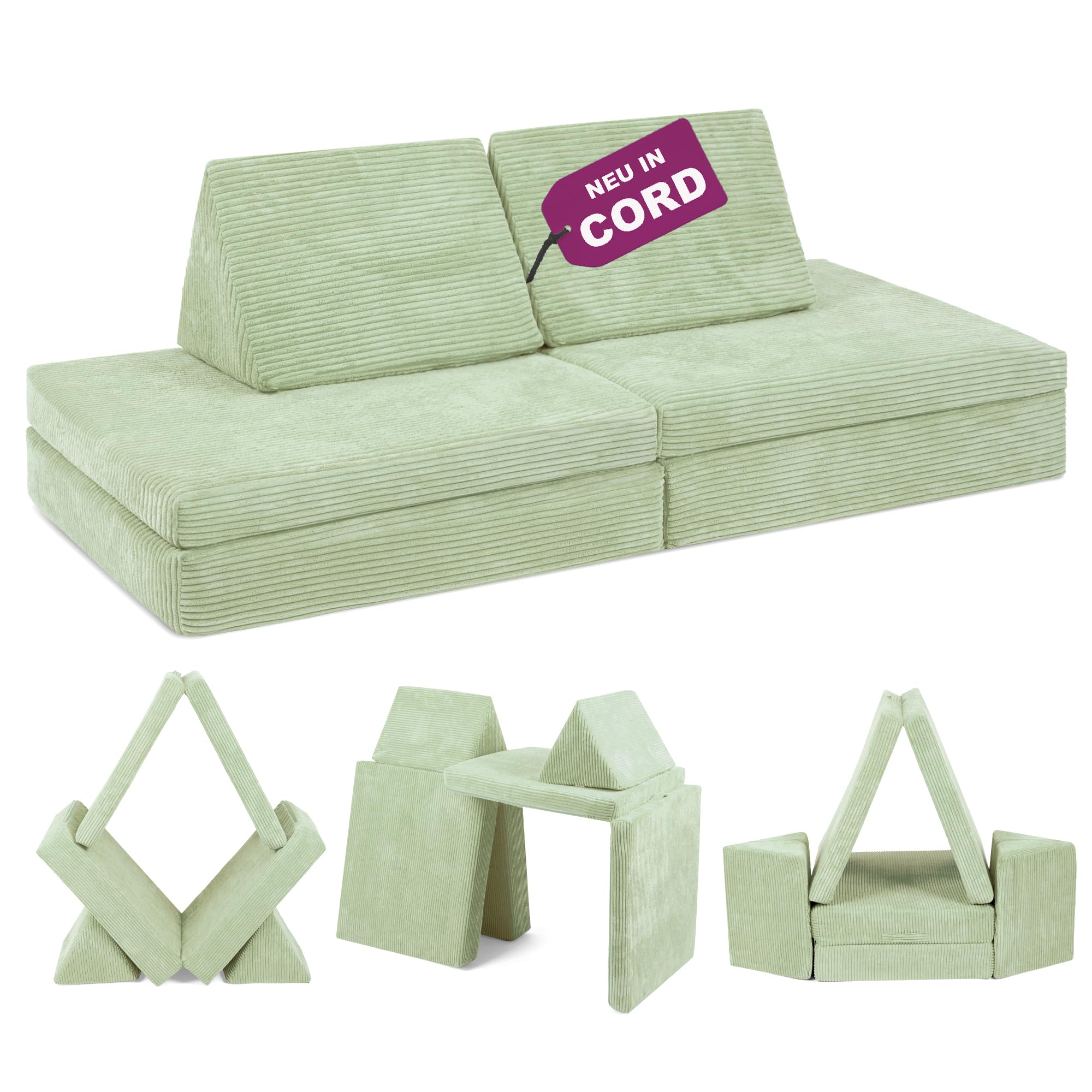 Linodino® Spielsofa Cord | Kindersofa aus Schaumstoff Bausteine - Spielsofa für Kinder & Kuschelecke im Kinderzimmer | Kindercouch | Oeko-TEX 100 Zertifiziert | Avocado Grün