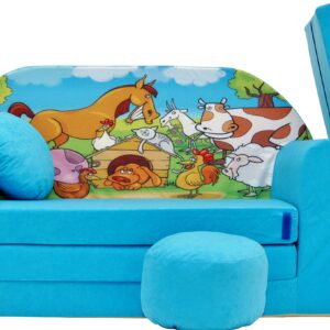 Pro Cosmo umwandelbares Kindersofa – perfekt zum Spielen und Schlafen – mit Abnehmbarer Matratze, Kissen und Pouf – 98x168x59 cm – leicht und einfach zusammenklappbar – Farbe Blau B5 - Nutztiere