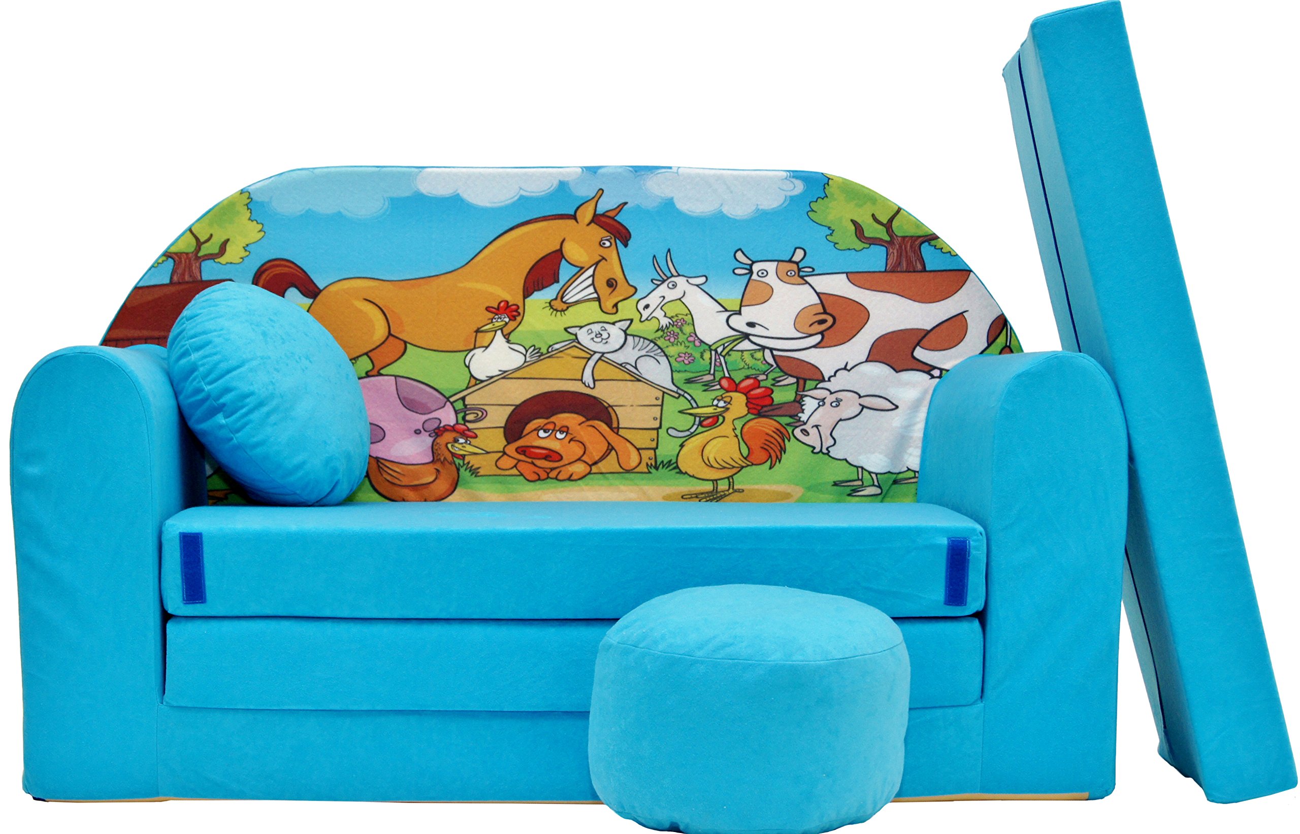 Pro Cosmo umwandelbares Kindersofa – perfekt zum Spielen und Schlafen – mit Abnehmbarer Matratze, Kissen und Pouf – 98x168x59 cm – leicht und einfach zusammenklappbar – Farbe Blau B5 - Nutztiere