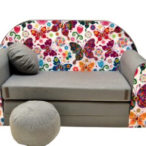 Pro Cosmo Kindersofa Bettfunktion 3in1 Sofa + Gratis Polsterhocker und Kissen Kindermöbel Set Grau A33 - Schmetterlinge