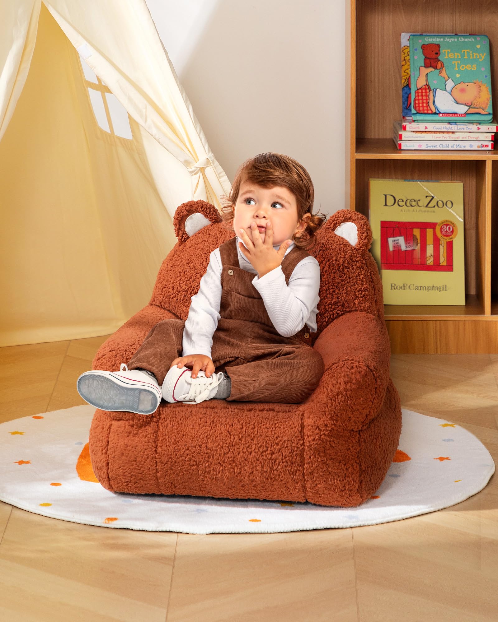 BEJOY Bequemer kindersofa, Schaumstoffgefülltes kindersessel, Einzelne kuschelige Sherpa-kindercouch für Jungen und Mädchen, Bär - Image 2