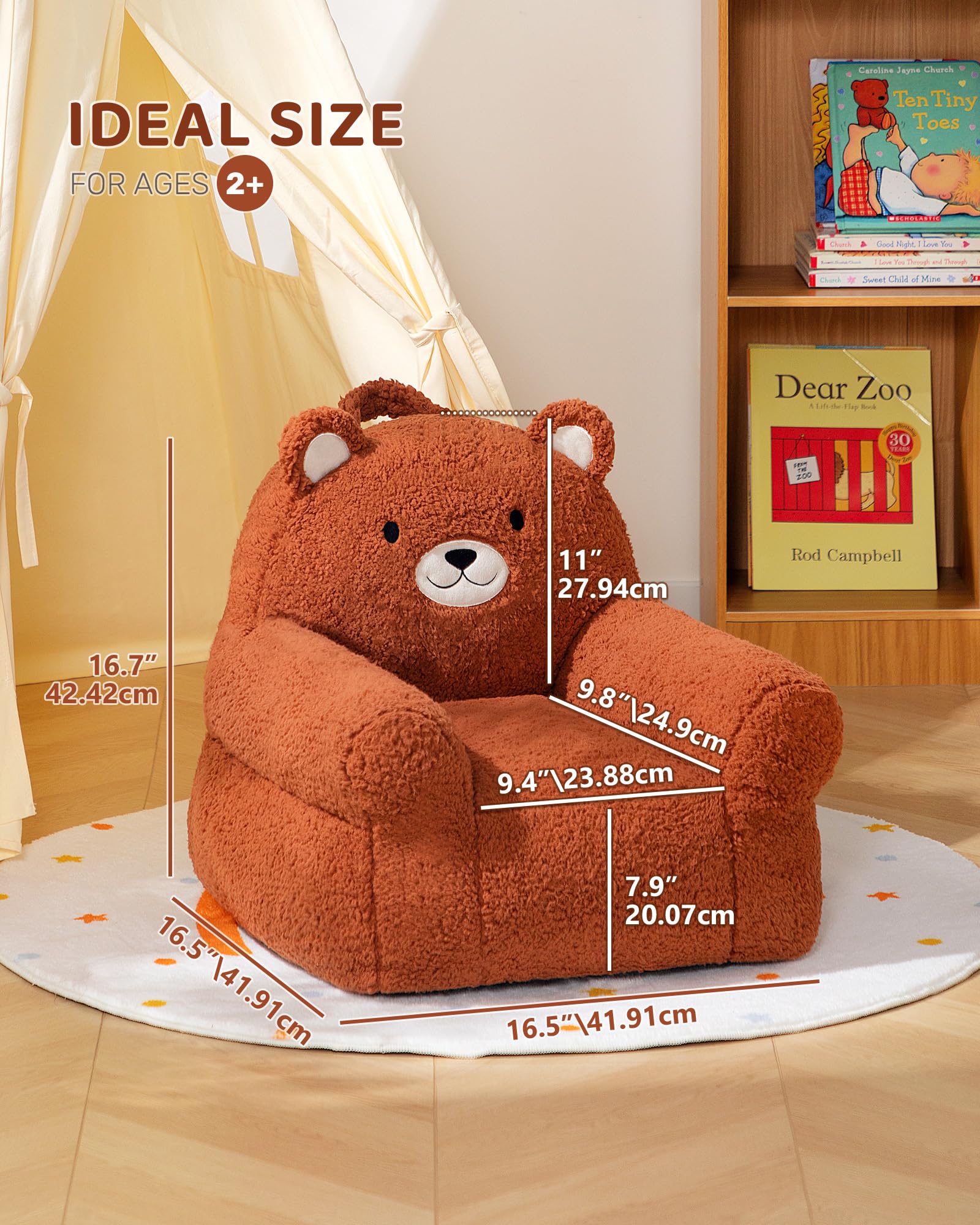 BEJOY Bequemer kindersofa, Schaumstoffgefülltes kindersessel, Einzelne kuschelige Sherpa-kindercouch für Jungen und Mädchen, Bär - Image 3