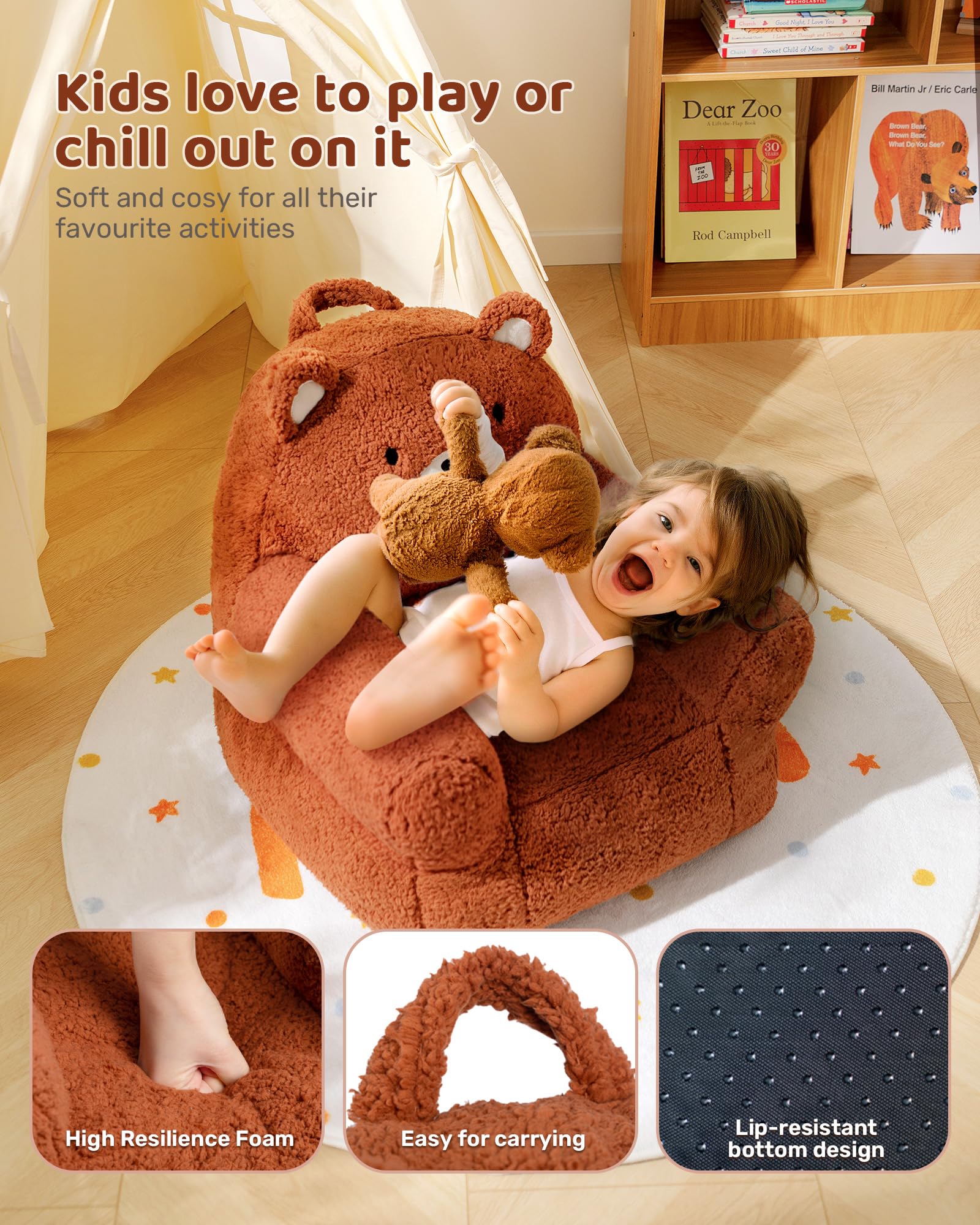 BEJOY Bequemer kindersofa, Schaumstoffgefülltes kindersessel, Einzelne kuschelige Sherpa-kindercouch für Jungen und Mädchen, Bär - Image 4