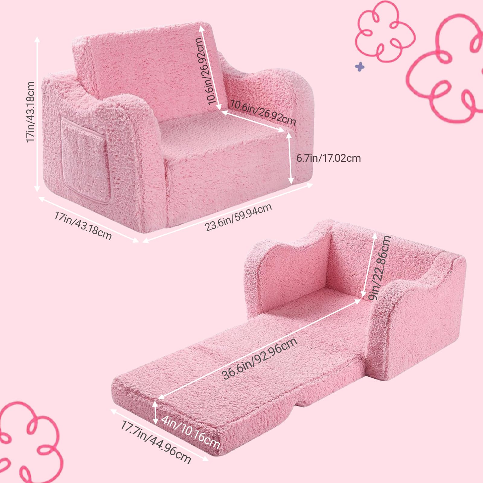 BUERPINKING Kindersofa, Kindersessel ab 1 Jahr, 2 in 1 Kindersofa Ausklappbar, Kinder Couch mit Abnehmbarem Cover für Mädchen und Jungen - Image 2