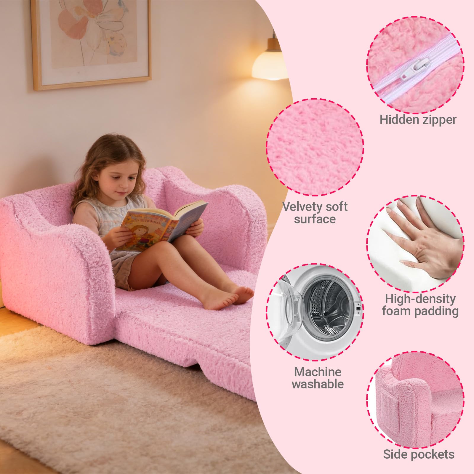 BUERPINKING Kindersofa, Kindersessel ab 1 Jahr, 2 in 1 Kindersofa Ausklappbar, Kinder Couch mit Abnehmbarem Cover für Mädchen und Jungen - Image 3