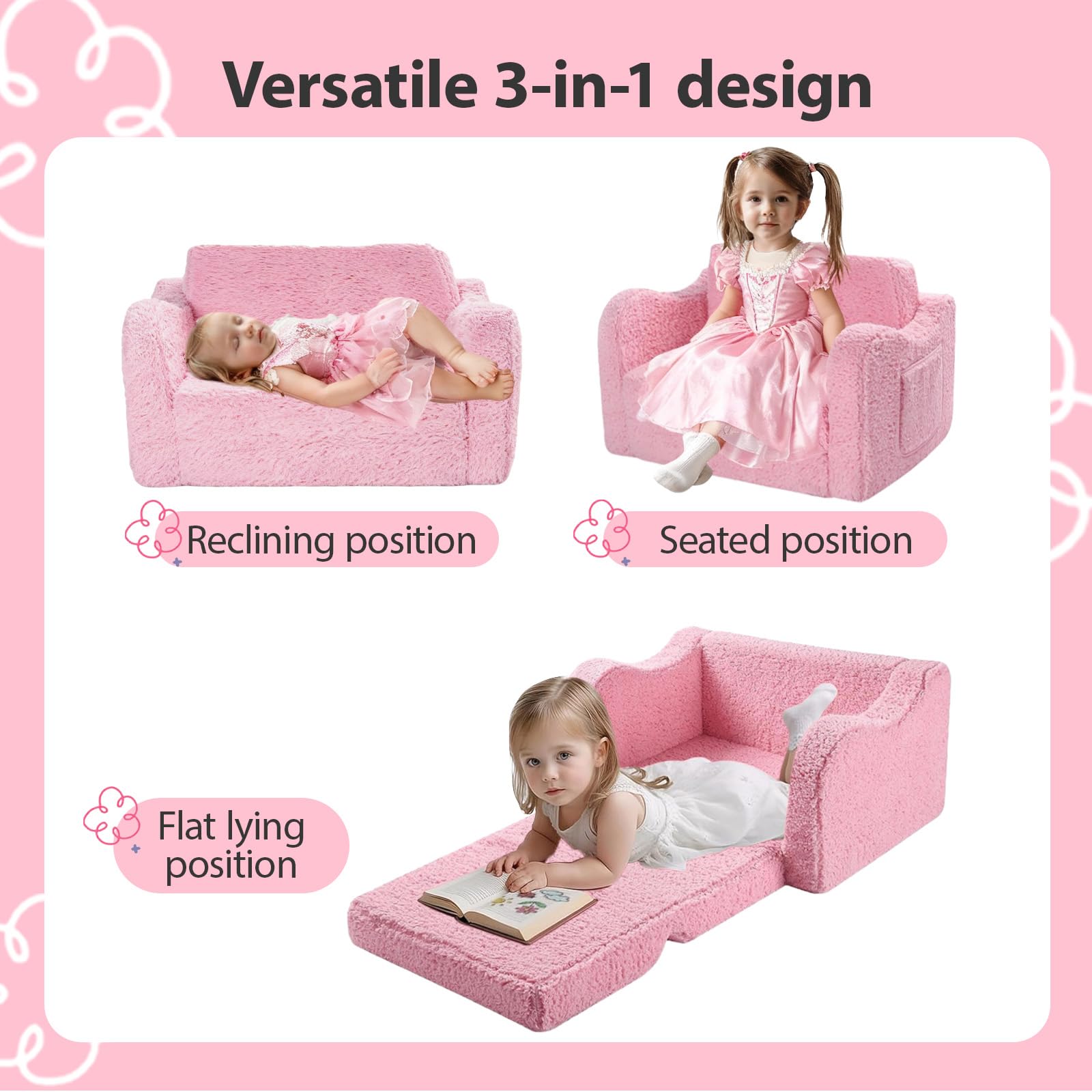BUERPINKING Kindersofa, Kindersessel ab 1 Jahr, 2 in 1 Kindersofa Ausklappbar, Kinder Couch mit Abnehmbarem Cover für Mädchen und Jungen - Image 4