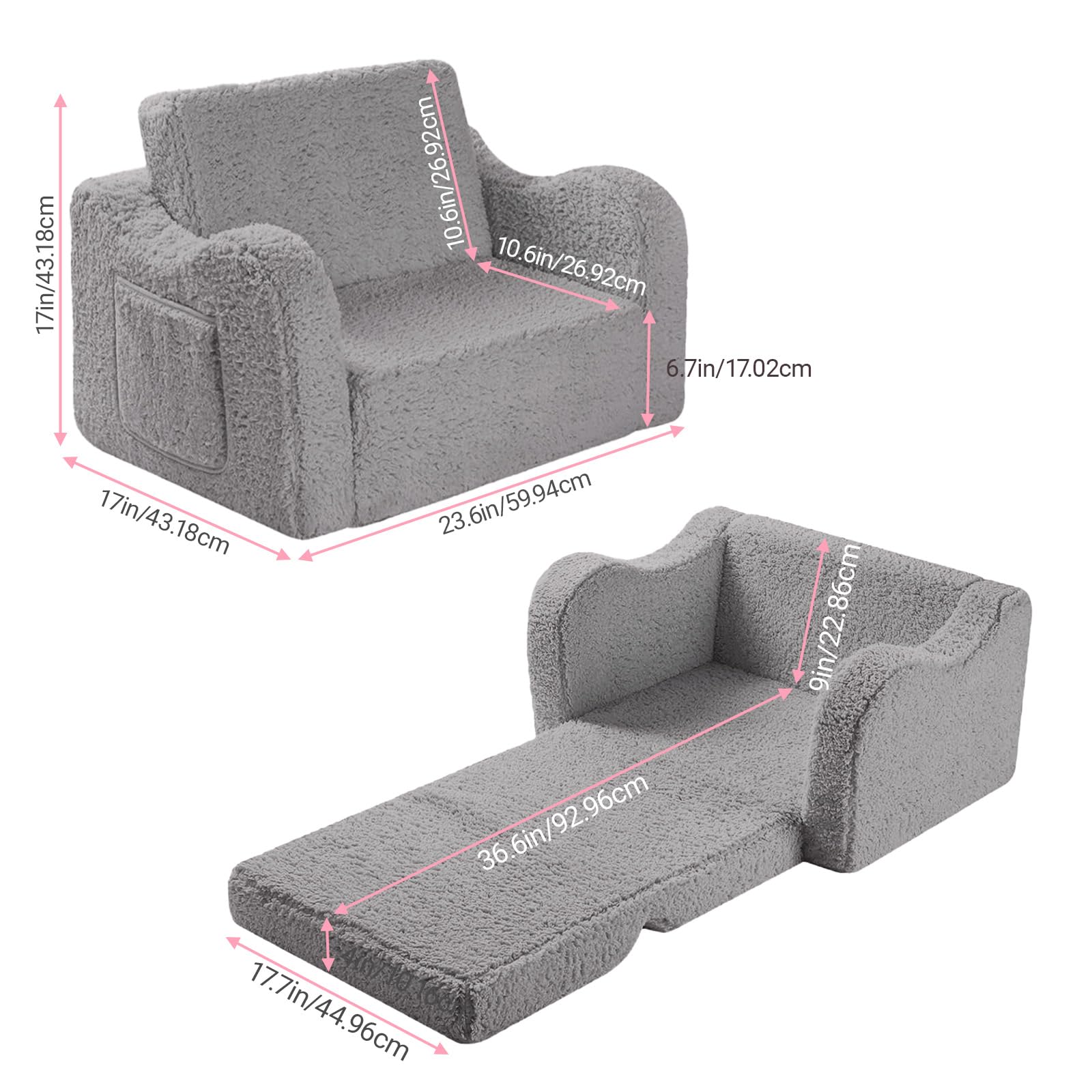 CAIEJSAEN 2-in-1 Kindersofa, Ausklappbar, Abnehmbarer Bezug, Weiche Kindercouch, Mini Kinder Couch,Umwandelbar in Kinderbett oder Liege (Grau) - Image 2