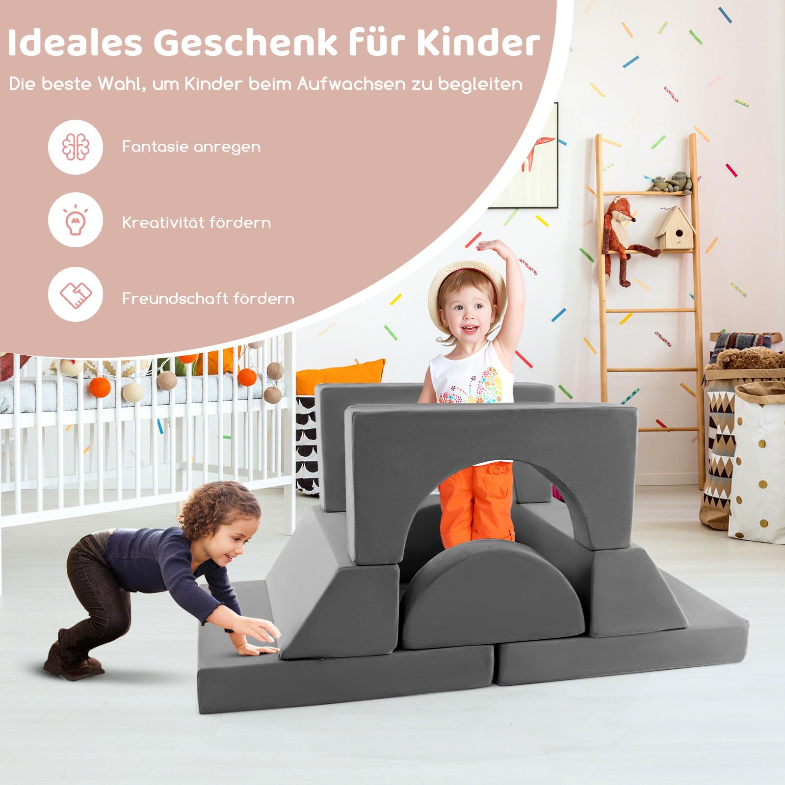 COSTWAY Modulares Kindersofa, Spielsofa, Modulsofa mit abnehmbarem Bezug, Kleinkind-Couch für Spielzimmer und Kinderzimmer zum Spielen, Gestalten & Schlafen (Grau) - Image 2