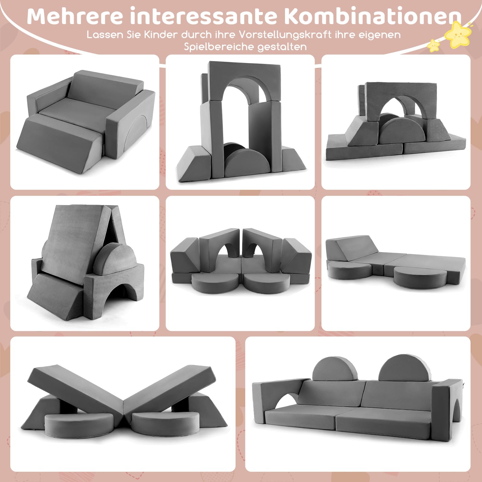 COSTWAY Modulares Kindersofa, Spielsofa, Modulsofa mit abnehmbarem Bezug, Kleinkind-Couch für Spielzimmer und Kinderzimmer zum Spielen, Gestalten & Schlafen (Grau) - Image 3