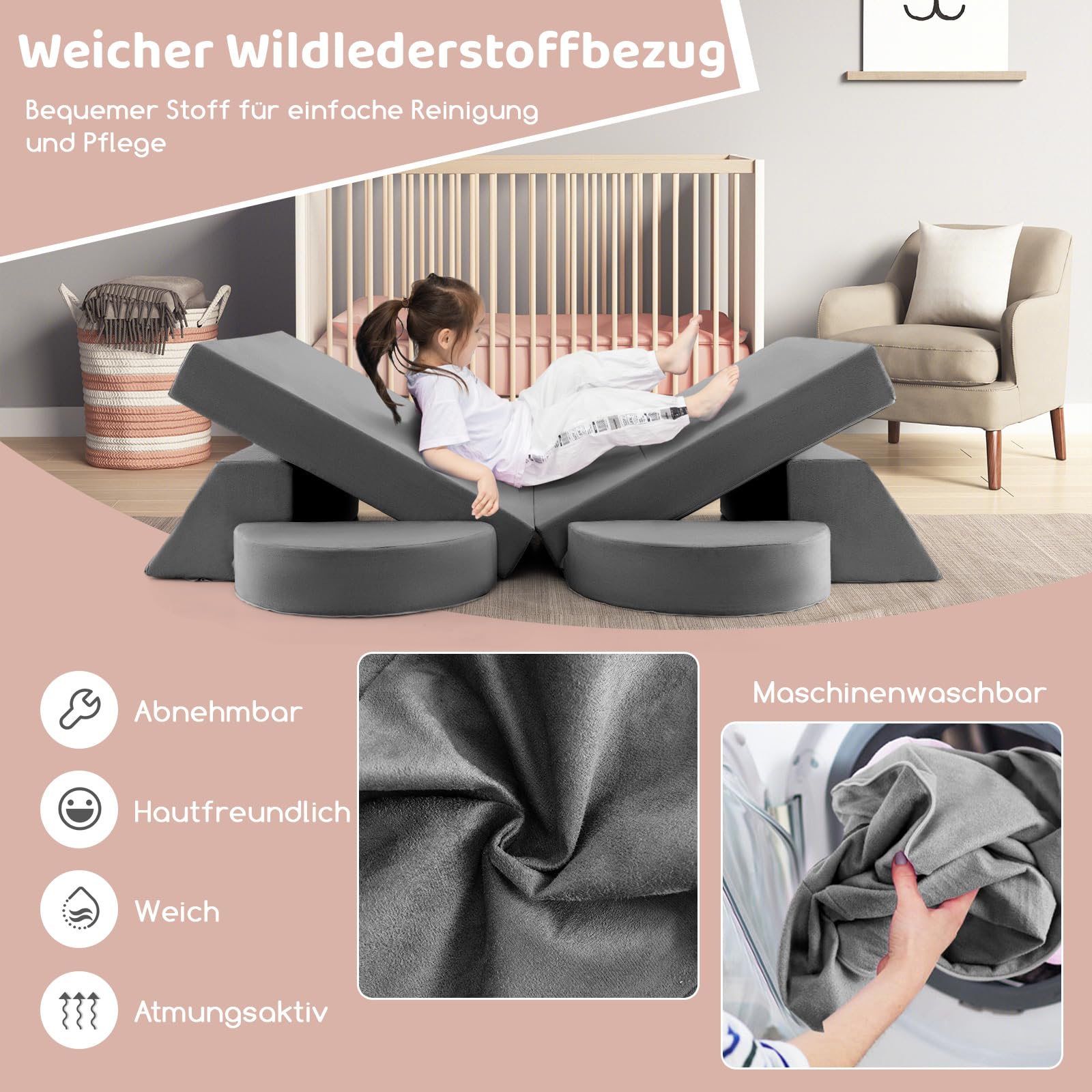 COSTWAY Modulares Kindersofa, Spielsofa, Modulsofa mit abnehmbarem Bezug, Kleinkind-Couch für Spielzimmer und Kinderzimmer zum Spielen, Gestalten & Schlafen (Grau) - Image 4