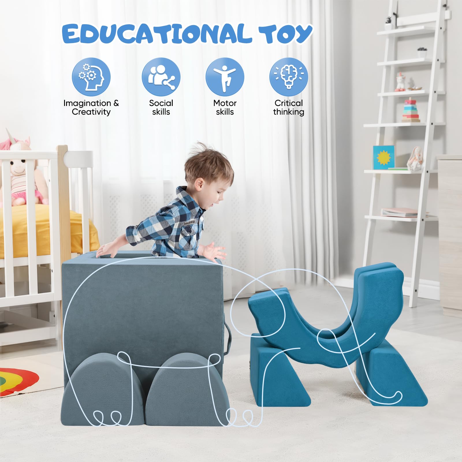 CUPCHID Kindersofa,modulare Kinderspielcouch, Kindersofa,Schlafzimmer- und Spielzimmermöbel für Kleinkinder, umwandelbares Schaumstoff (10er Set - grau-blau) - Image 2