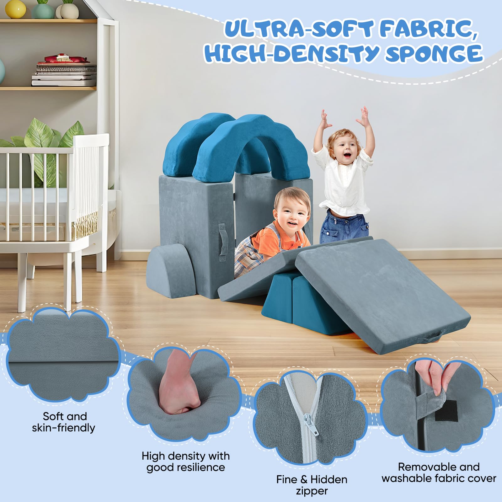CUPCHID Kindersofa,modulare Kinderspielcouch, Kindersofa,Schlafzimmer- und Spielzimmermöbel für Kleinkinder, umwandelbares Schaumstoff (10er Set - grau-blau) - Image 3