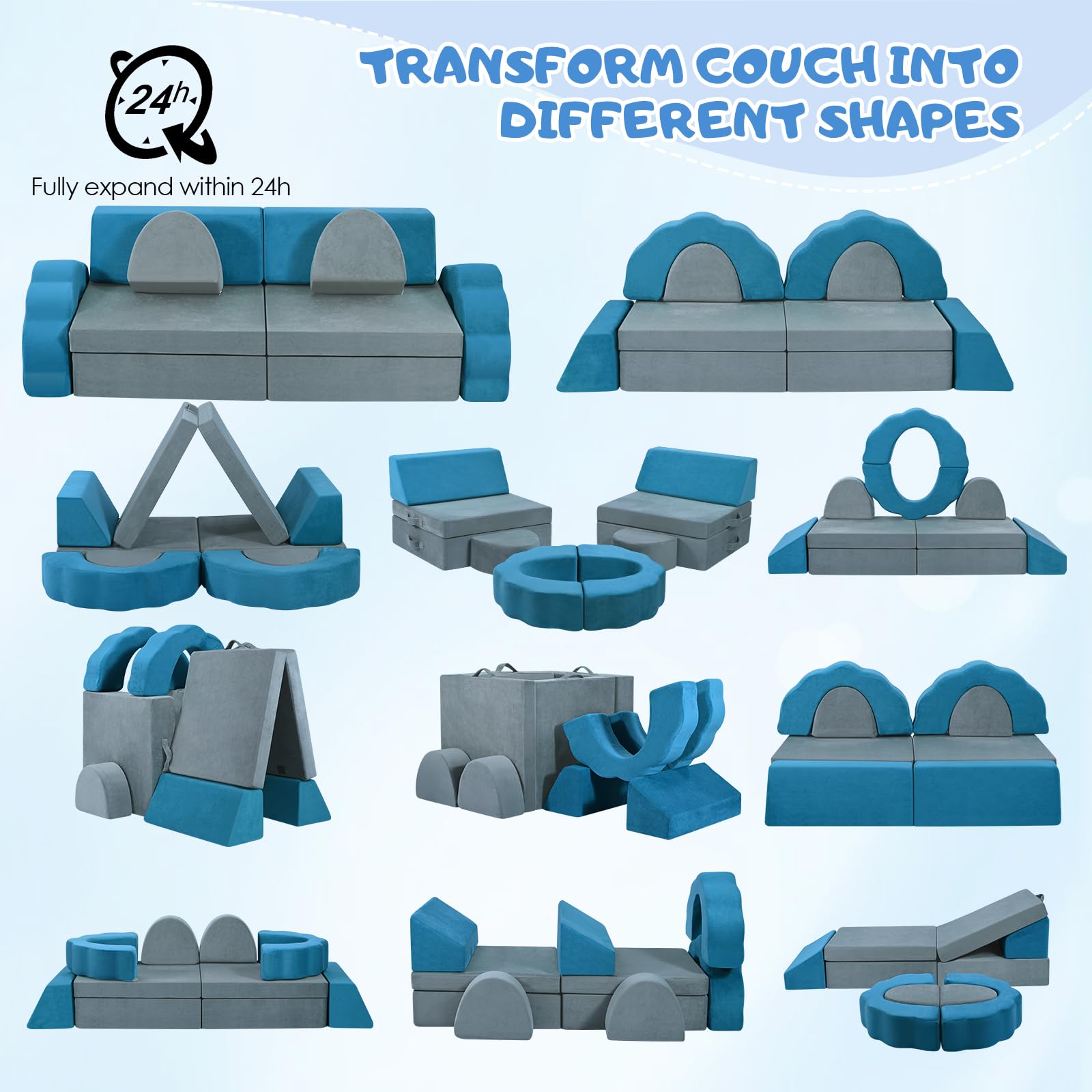 CUPCHID Kindersofa,modulare Kinderspielcouch, Kindersofa,Schlafzimmer- und Spielzimmermöbel für Kleinkinder, umwandelbares Schaumstoff (10er Set - grau-blau) - Image 4