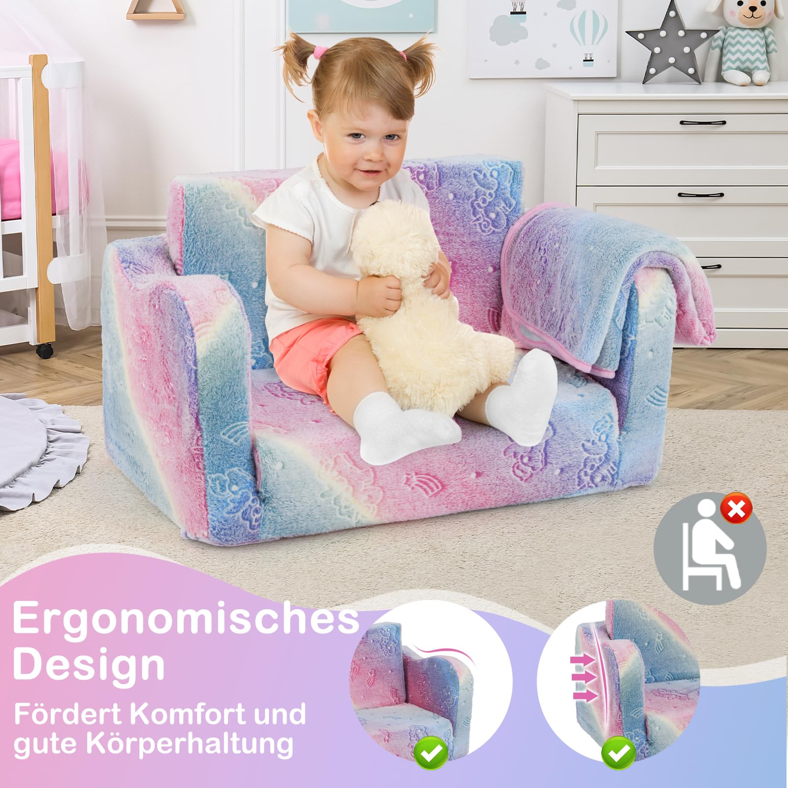 DREAMADE 2-in-1 Kindersofa, Klappbares Spielsofa aus Flanellstoff mit Decke & leuchtenden Mustern, Leuchtsofa Kindercouch Kindersessel Kindermöbel für Kinder ab 3 Jahren (Bunt) - Image 2