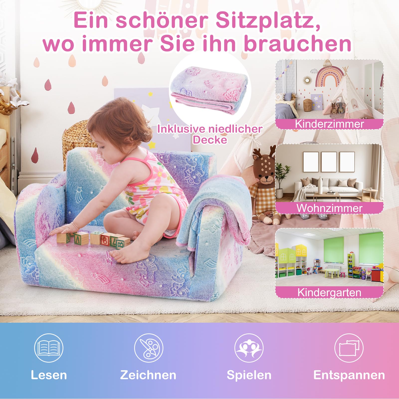 DREAMADE 2-in-1 Kindersofa, Klappbares Spielsofa aus Flanellstoff mit Decke & leuchtenden Mustern, Leuchtsofa Kindercouch Kindersessel Kindermöbel für Kinder ab 3 Jahren (Bunt) - Image 4