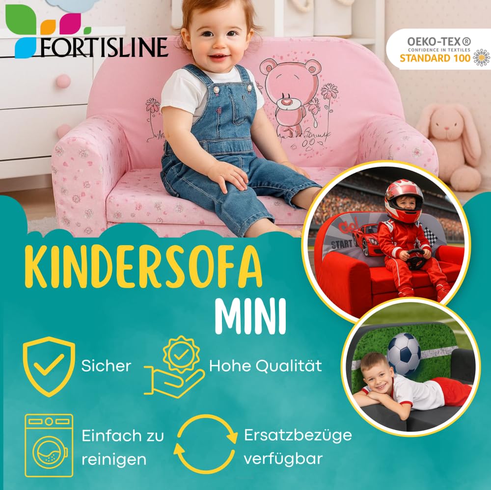 FORTISLINE Kindersofa MINI ausklappbar 78 x 40 x 45 cm - Kindercouch aus Mikrofaser mit Liegefläche 104 cm, abnehmbarem waschbarem Bezug, Oeko-TEX Standard 100, Einhorn - Image 4