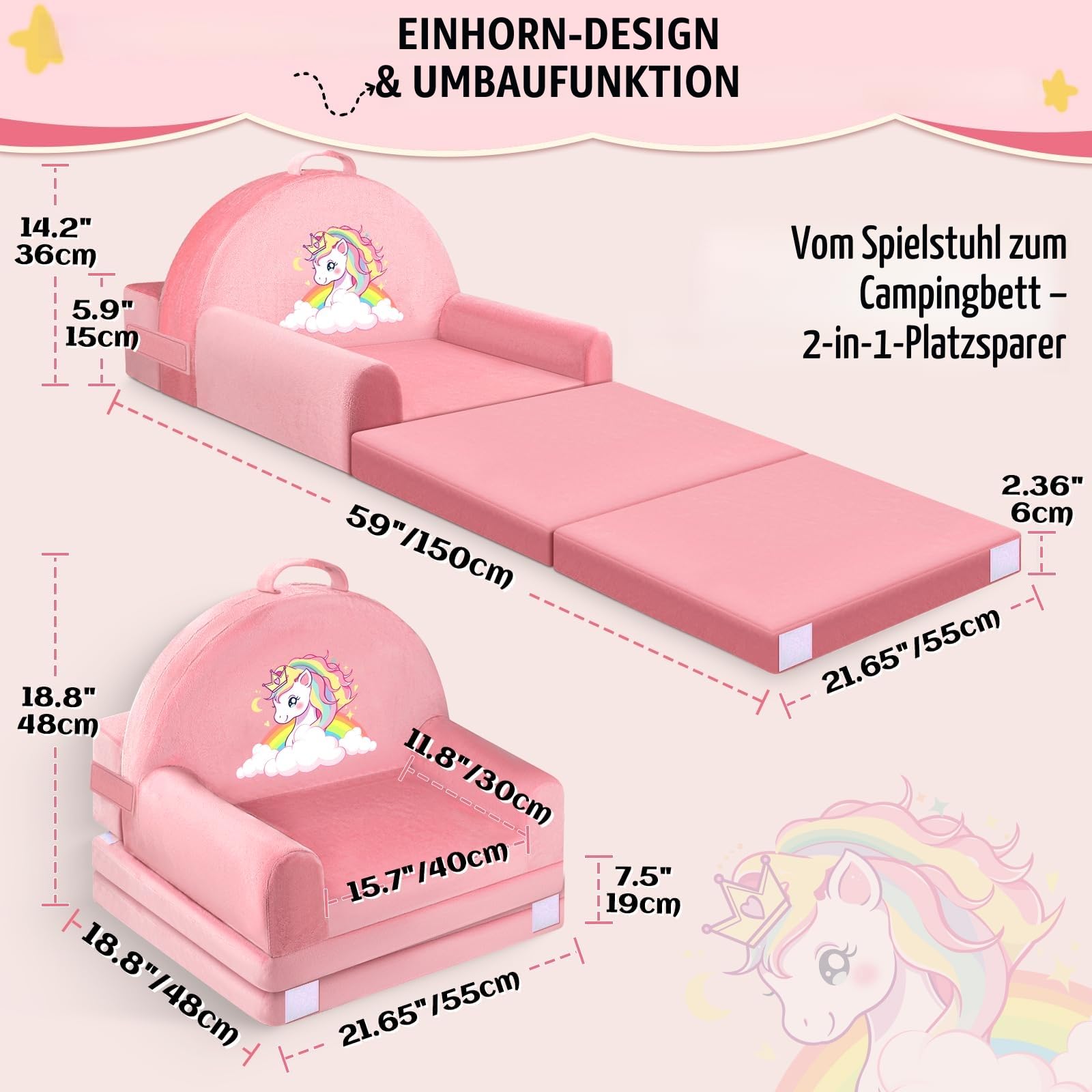 JUOIFIP Zusammenklappbarer Kleinkindstuhl, Bett, Kindersofa, Aufklappen 2 in 1 Mini Couch, 150cm Wweiches Kristall Samt Kleinkinder Spielsofa für Schlafzimmer Wohnzimmer, Spielzimmer - Image 2