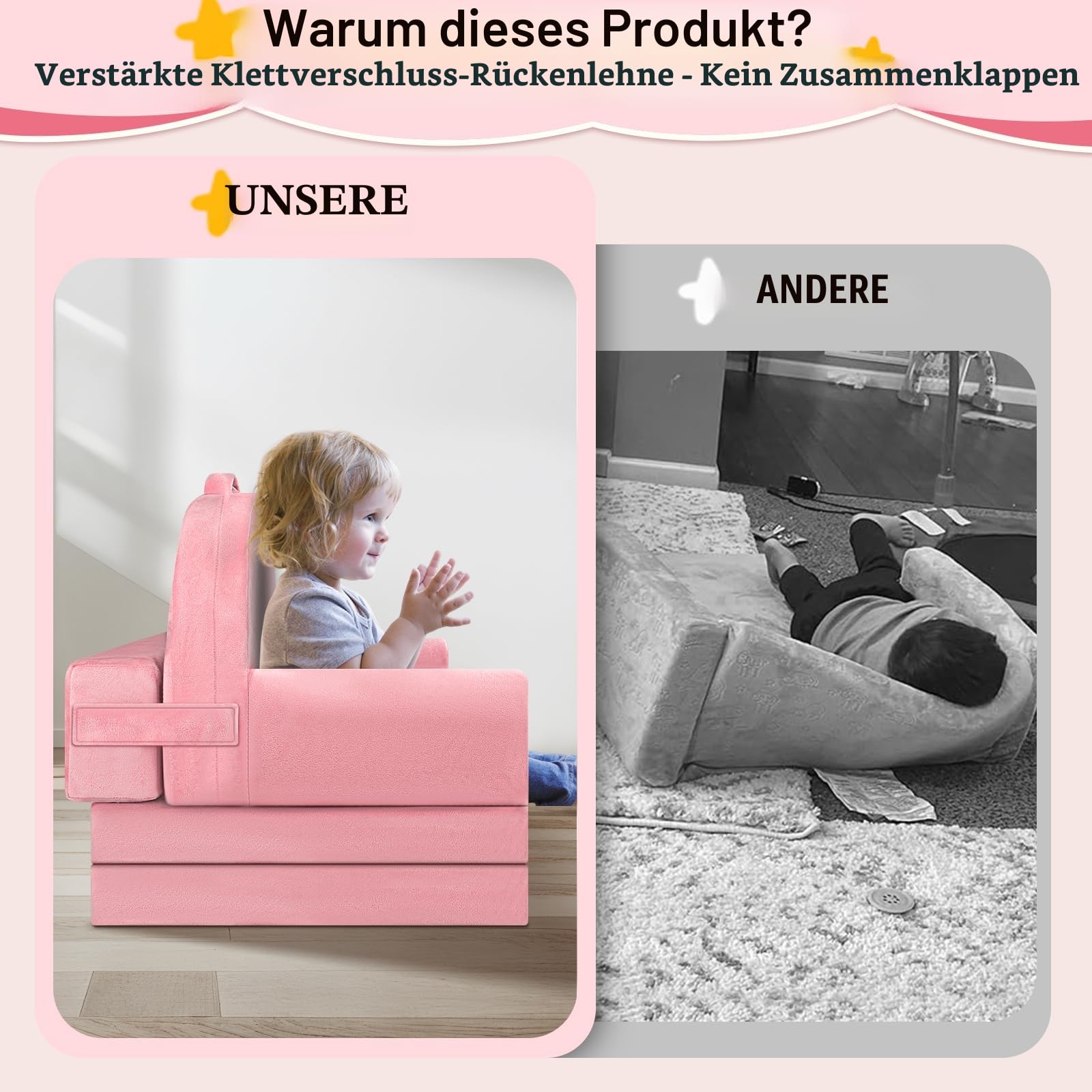 JUOIFIP Zusammenklappbarer Kleinkindstuhl, Bett, Kindersofa, Aufklappen 2 in 1 Mini Couch, 150cm Wweiches Kristall Samt Kleinkinder Spielsofa für Schlafzimmer Wohnzimmer, Spielzimmer - Image 3