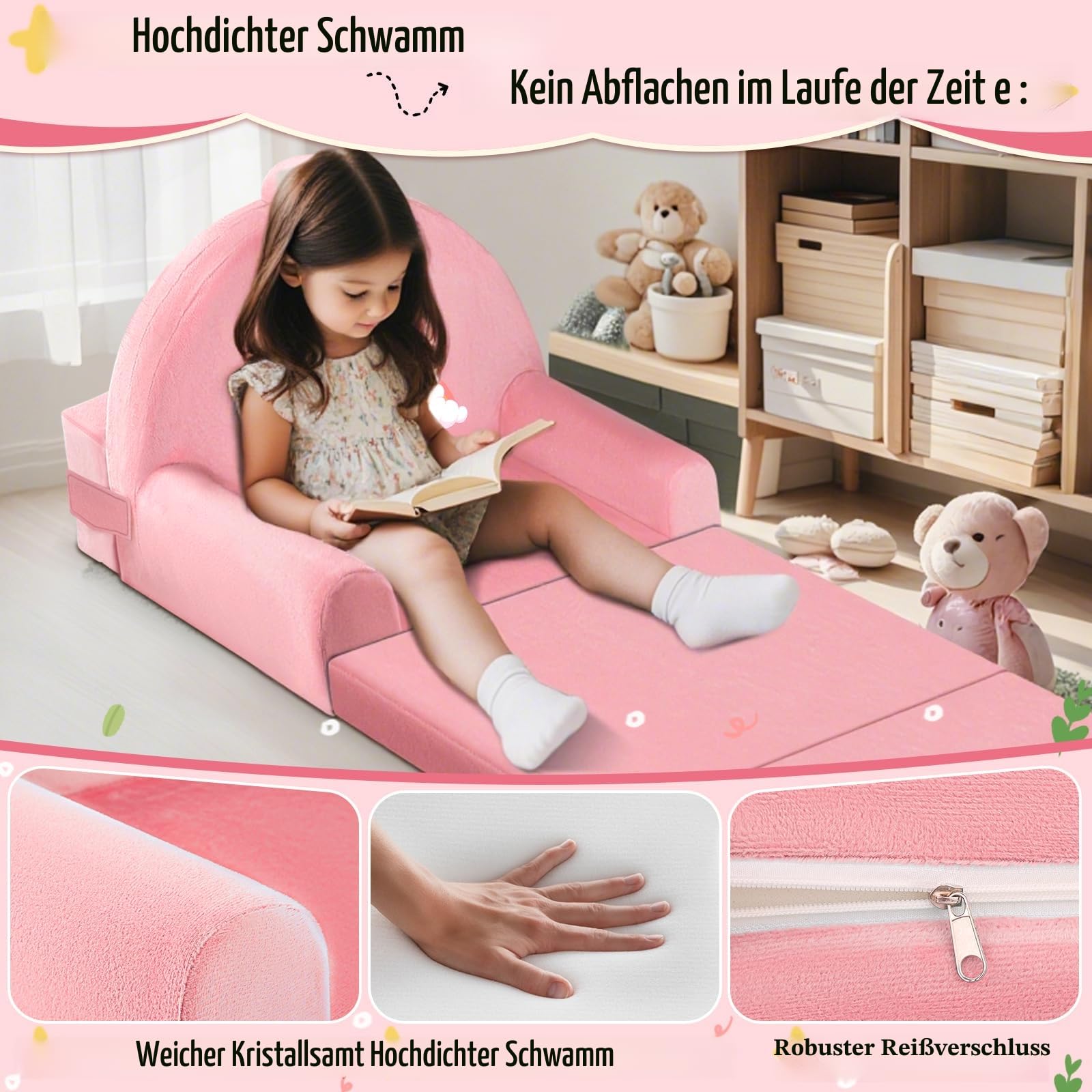 JUOIFIP Zusammenklappbarer Kleinkindstuhl, Bett, Kindersofa, Aufklappen 2 in 1 Mini Couch, 150cm Wweiches Kristall Samt Kleinkinder Spielsofa für Schlafzimmer Wohnzimmer, Spielzimmer - Image 4