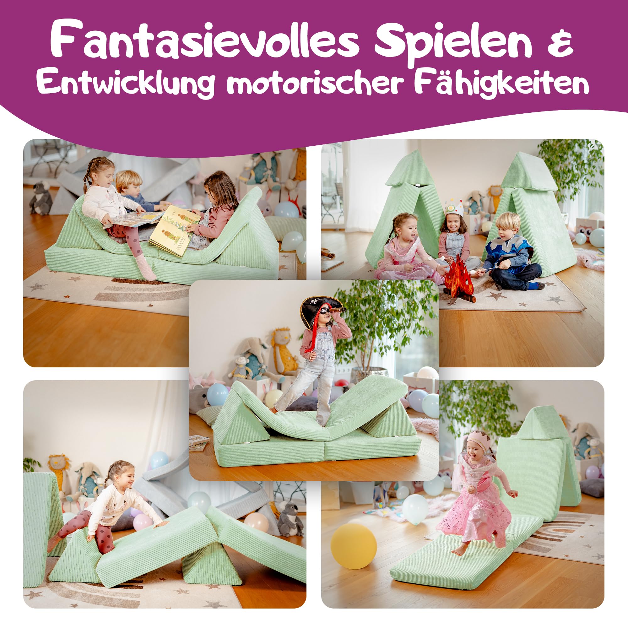 Linodino® Spielsofa Cord | Kindersofa aus Schaumstoff Bausteine - Spielsofa für Kinder & Kuschelecke im Kinderzimmer | Kindercouch | Oeko-TEX 100 Zertifiziert | Avocado Grün - Image 2
