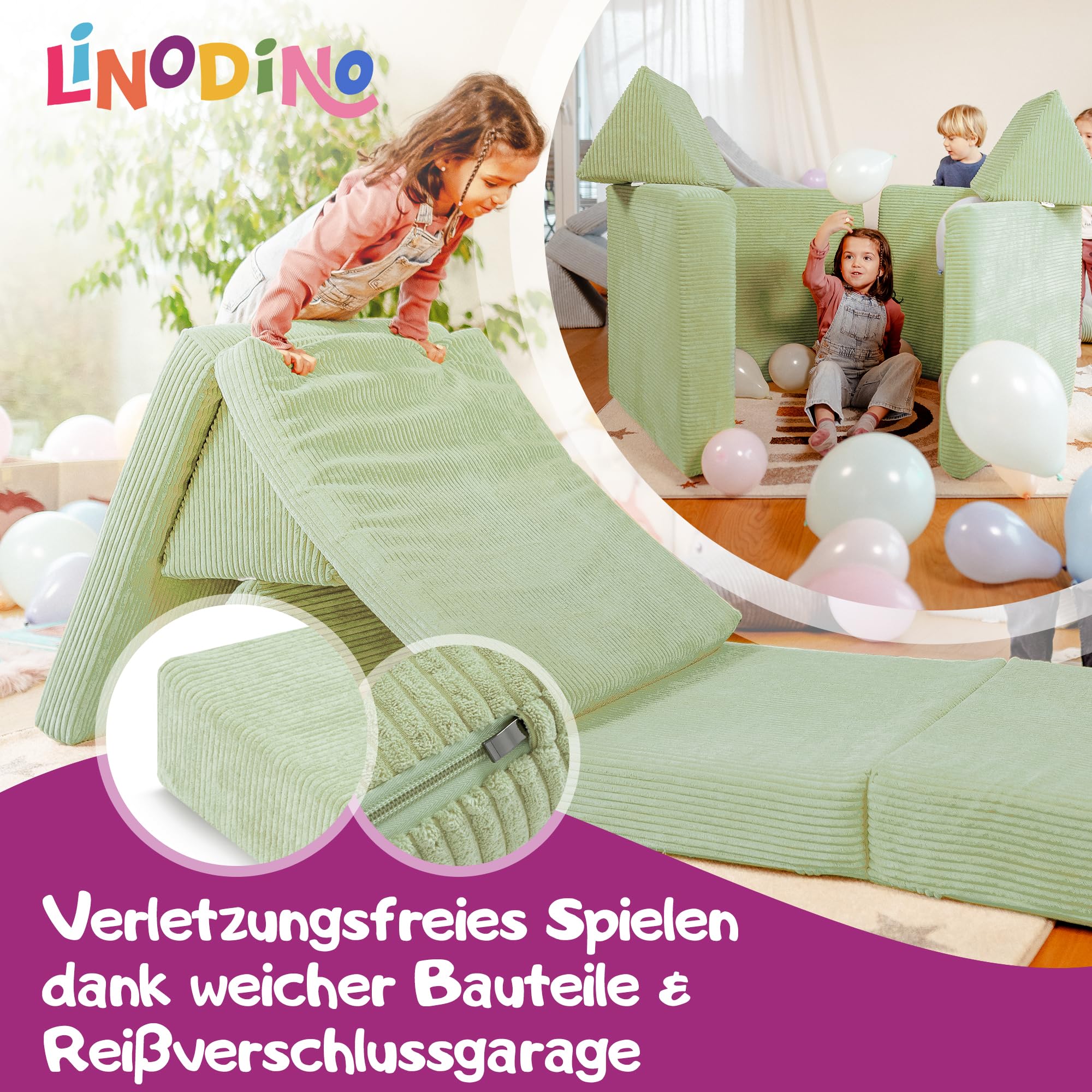 Linodino® Spielsofa Cord | Kindersofa aus Schaumstoff Bausteine - Spielsofa für Kinder & Kuschelecke im Kinderzimmer | Kindercouch | Oeko-TEX 100 Zertifiziert | Avocado Grün - Image 3