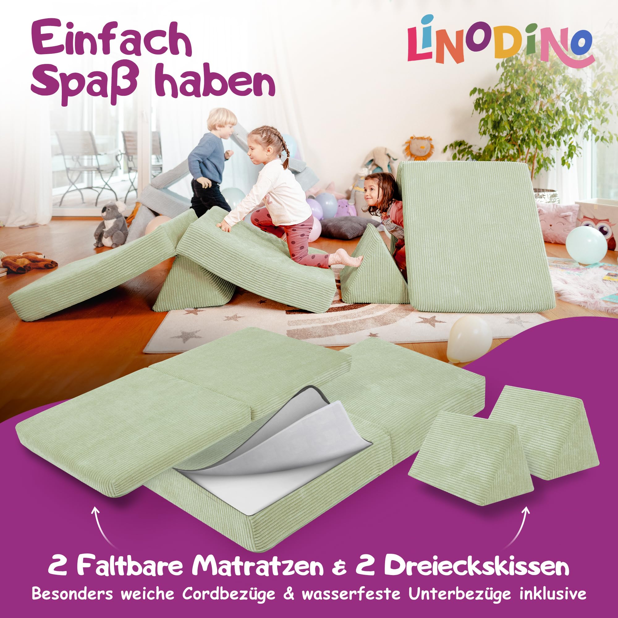 Linodino® Spielsofa Cord | Kindersofa aus Schaumstoff Bausteine - Spielsofa für Kinder & Kuschelecke im Kinderzimmer | Kindercouch | Oeko-TEX 100 Zertifiziert | Avocado Grün - Image 4