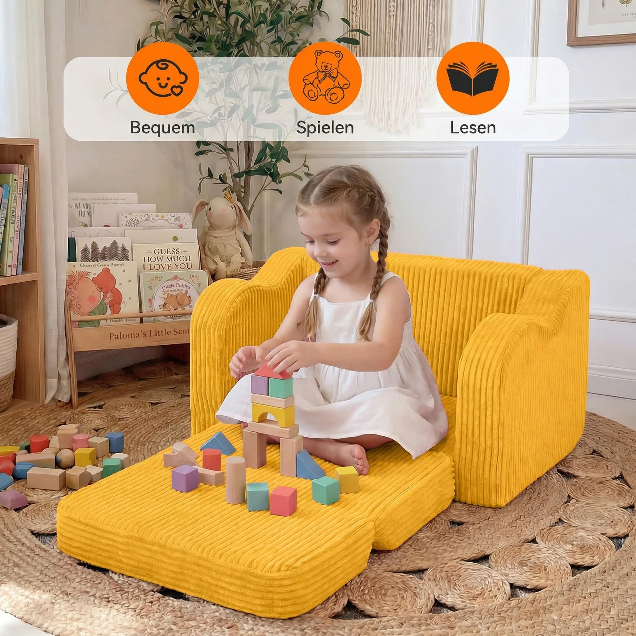 MeMoreCool Cord Kindersofa, Kinder Relaxsessel, Baby Lounge Sofa, Mini Couch für Kuschelecke Kinderzimmer, ausklappbare Couch für Jungen und Mädchen im Alter von 1–3 Jahren, Gelb - Image 2