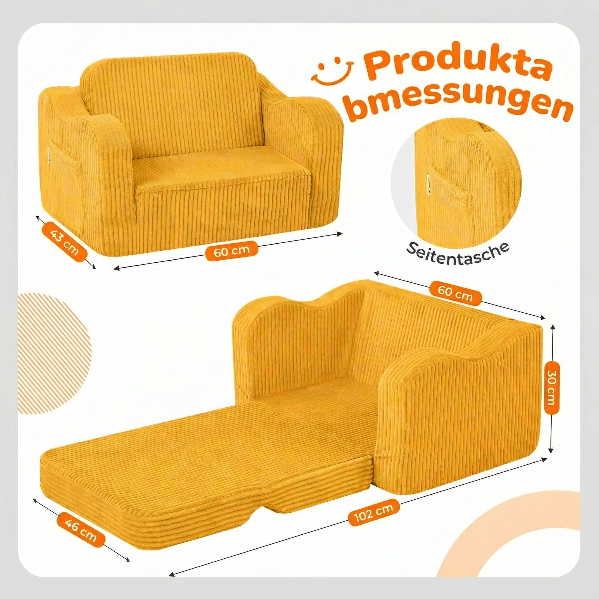 MeMoreCool Cord Kindersofa, Kinder Relaxsessel, Baby Lounge Sofa, Mini Couch für Kuschelecke Kinderzimmer, ausklappbare Couch für Jungen und Mädchen im Alter von 1–3 Jahren, Gelb - Image 3