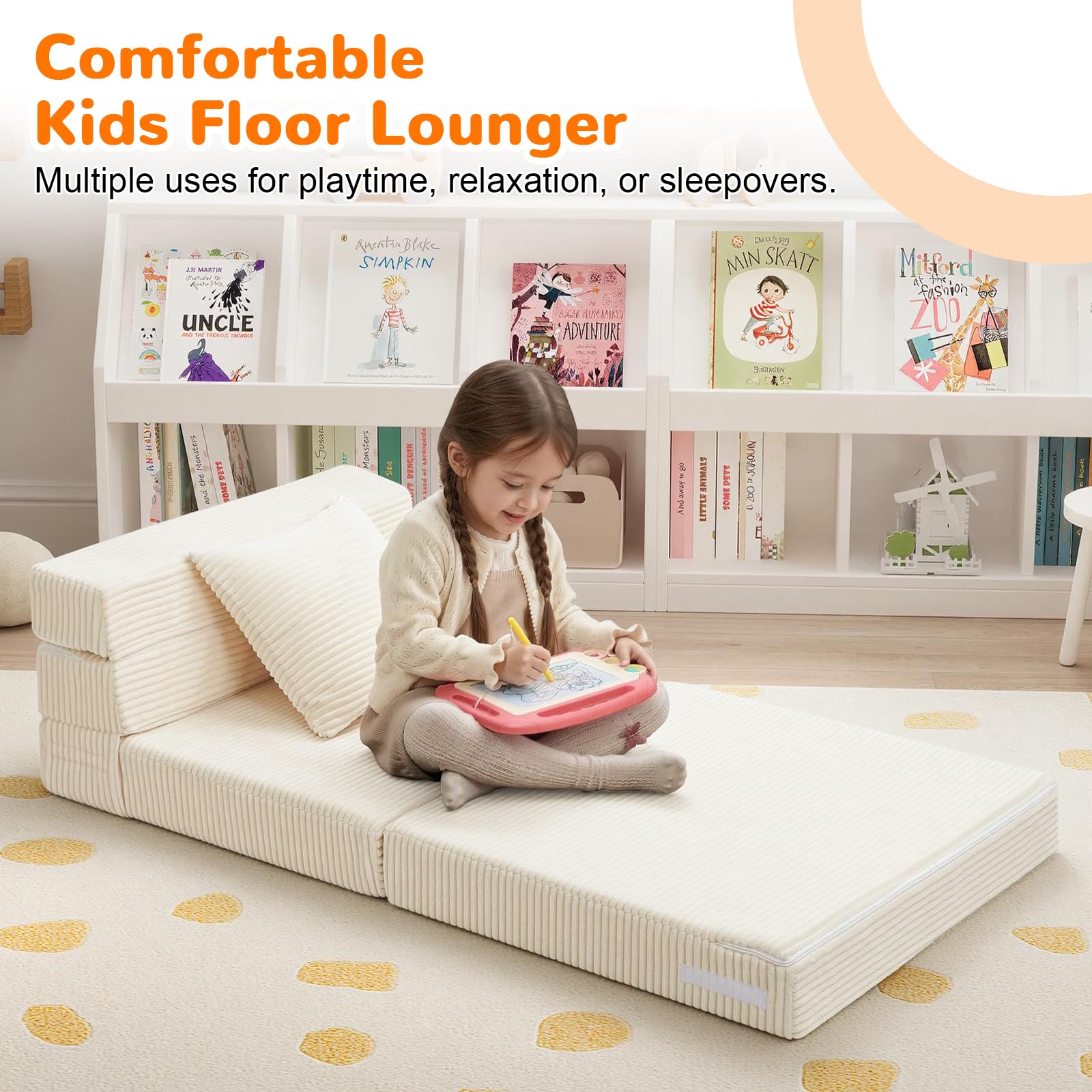 MeMoreCool Kindersofa, Kindersessel aus geripptem Samt, modulares Spielsofa, ausklappbares Kindersofa, umwandelbarer Futon-Matratzenschlafplatz für das Spielzimmer, beige - Image 2