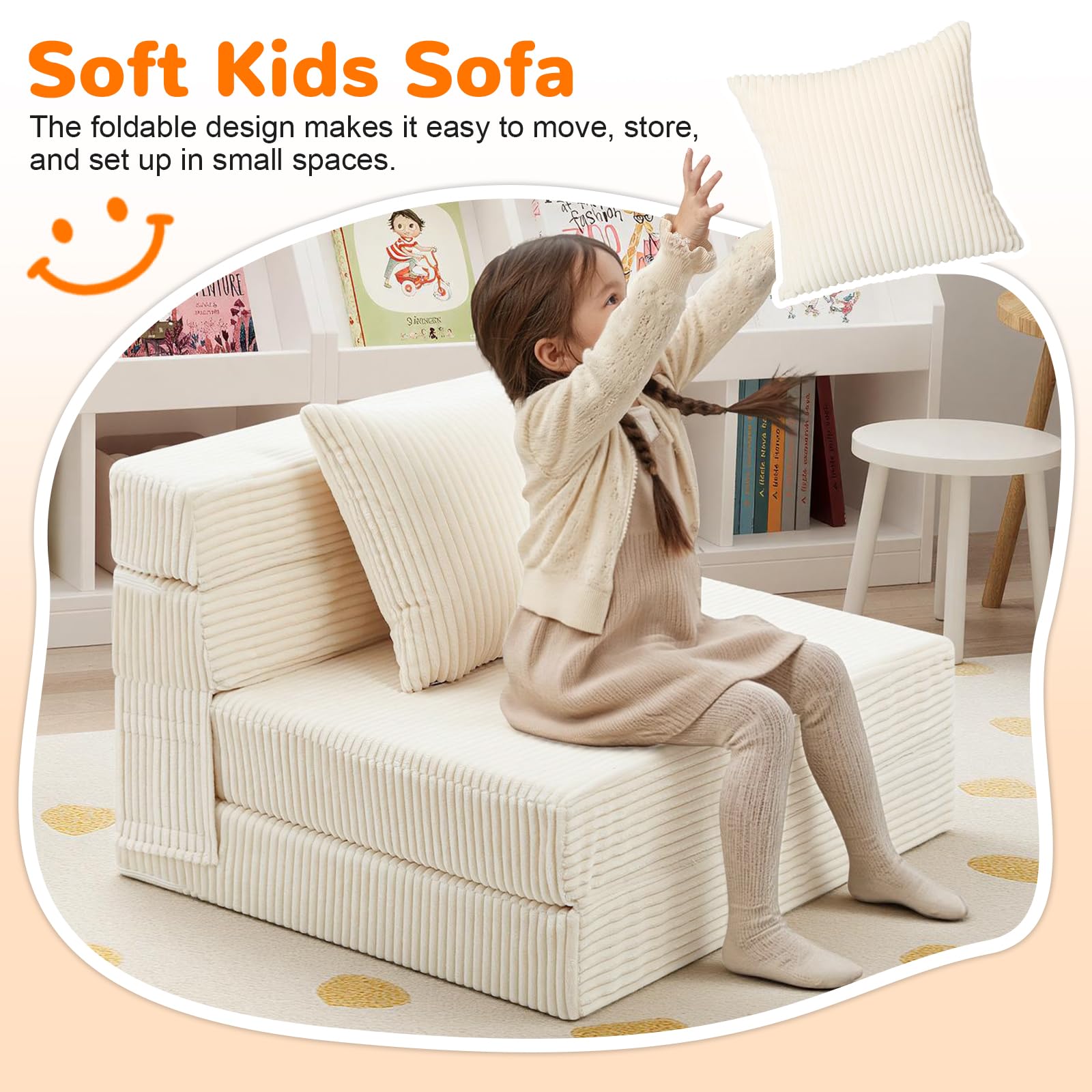 MeMoreCool Kindersofa, Kindersessel aus geripptem Samt, modulares Spielsofa, ausklappbares Kindersofa, umwandelbarer Futon-Matratzenschlafplatz für das Spielzimmer, beige - Image 3