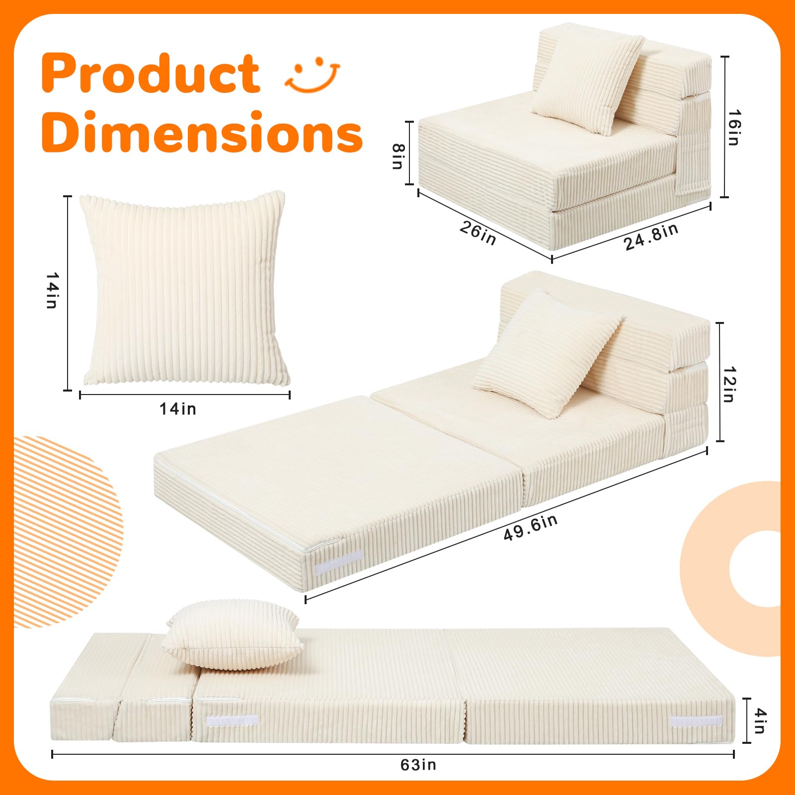 MeMoreCool Kindersofa, Kindersessel aus geripptem Samt, modulares Spielsofa, ausklappbares Kindersofa, umwandelbarer Futon-Matratzenschlafplatz für das Spielzimmer, beige - Image 4