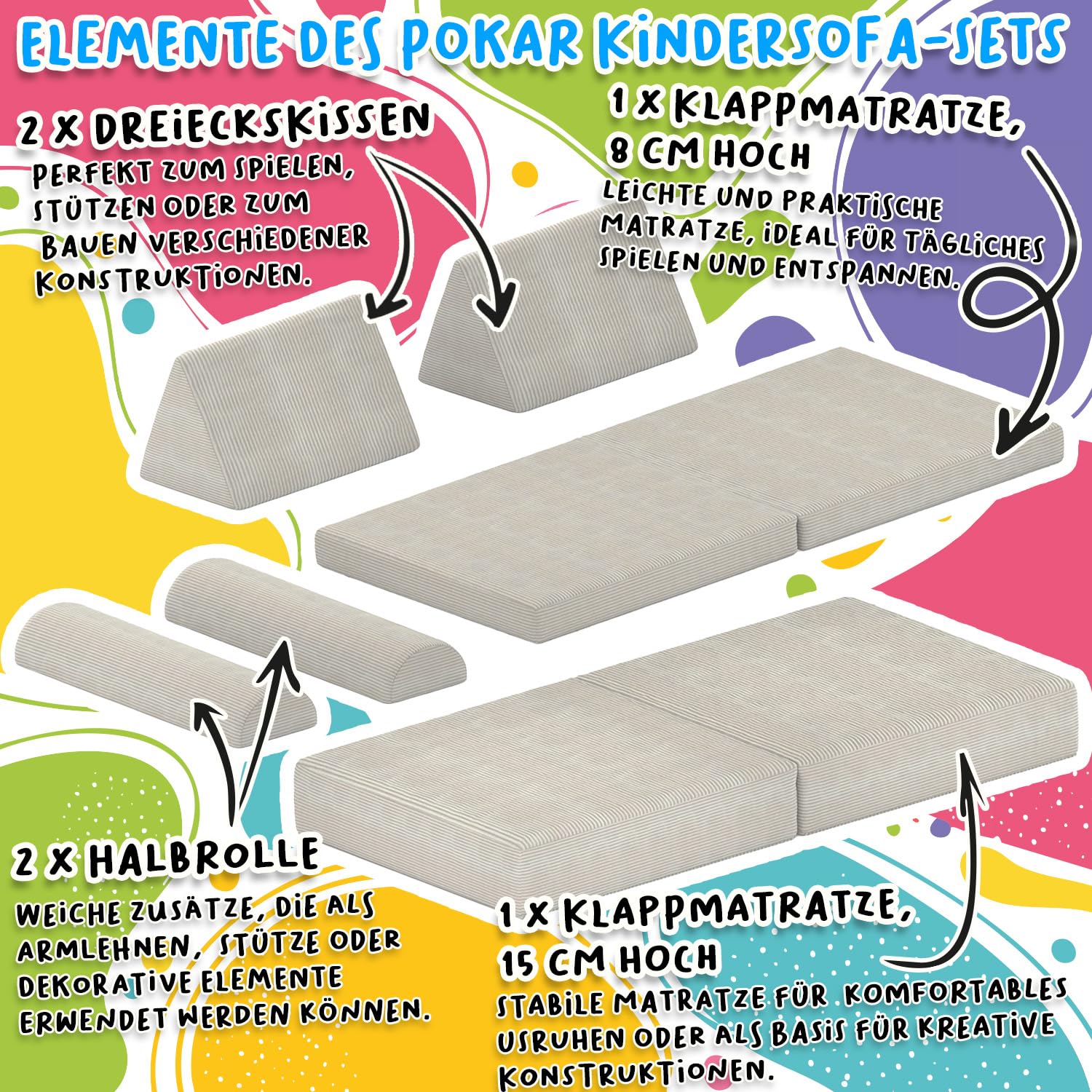 POKAR Kindersofa | Spielsofa Cord aus Schaumstoff Bausteinen | Modulares Spielsofa für Kinder | Kuschelecke im Kinderzimmer Kindercouch | Oeko-Tex 100 Zertifiziert | Warmer Karamell - Image 4