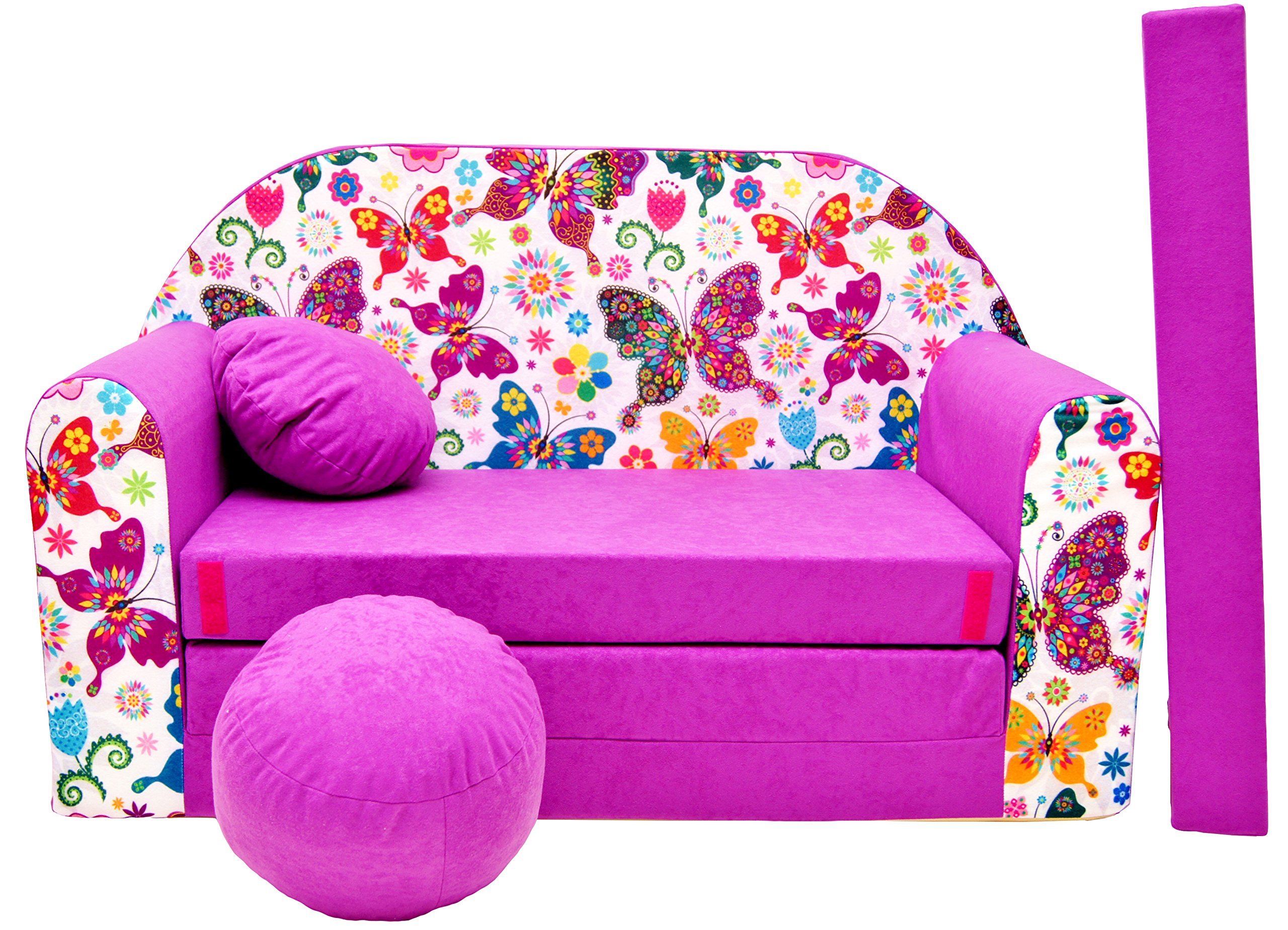 Pro Cosmo Kinder 3in1 Sofa Bett mit Hocker, 2-Sitzer Kindersofa Ausklappbar, Spielsofa mit Matratze, Waschbarer Bezug, Oeko-TEX, M33 Schmetterling - Image 2