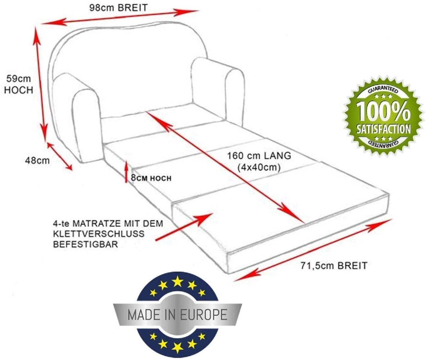 Pro Cosmo Kinder 3in1 Sofa Bett mit Hocker, 2-Sitzer Kindersofa Ausklappbar, Spielsofa mit Matratze, Waschbarer Bezug, Oeko-TEX, M33 Schmetterling - Image 3