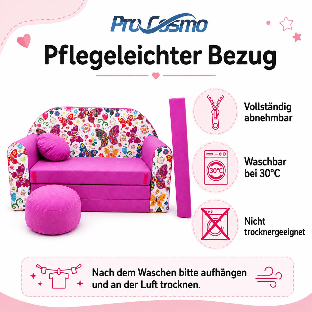 Pro Cosmo Kinder 3in1 Sofa Bett mit Hocker, 2-Sitzer Kindersofa Ausklappbar, Spielsofa mit Matratze, Waschbarer Bezug, Oeko-TEX, M33 Schmetterling - Image 4