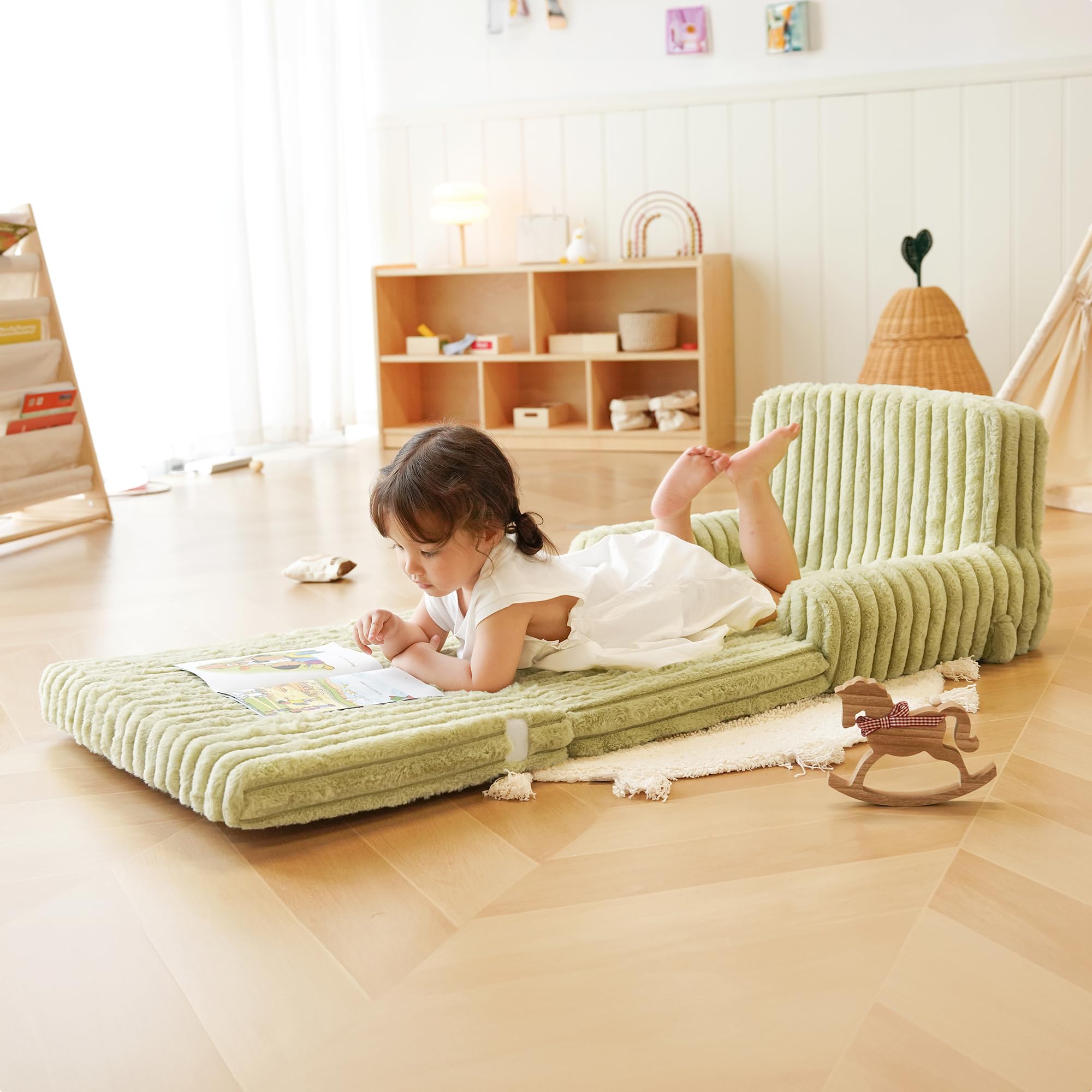 ROBUD Kinder Sofa 2-in-1 Klappsofa & Matratze – Faltbares Kindersofa mit abnehmbarem Bezug, Aufbewahrungstasche & Tragegriff - Grün - Image 2