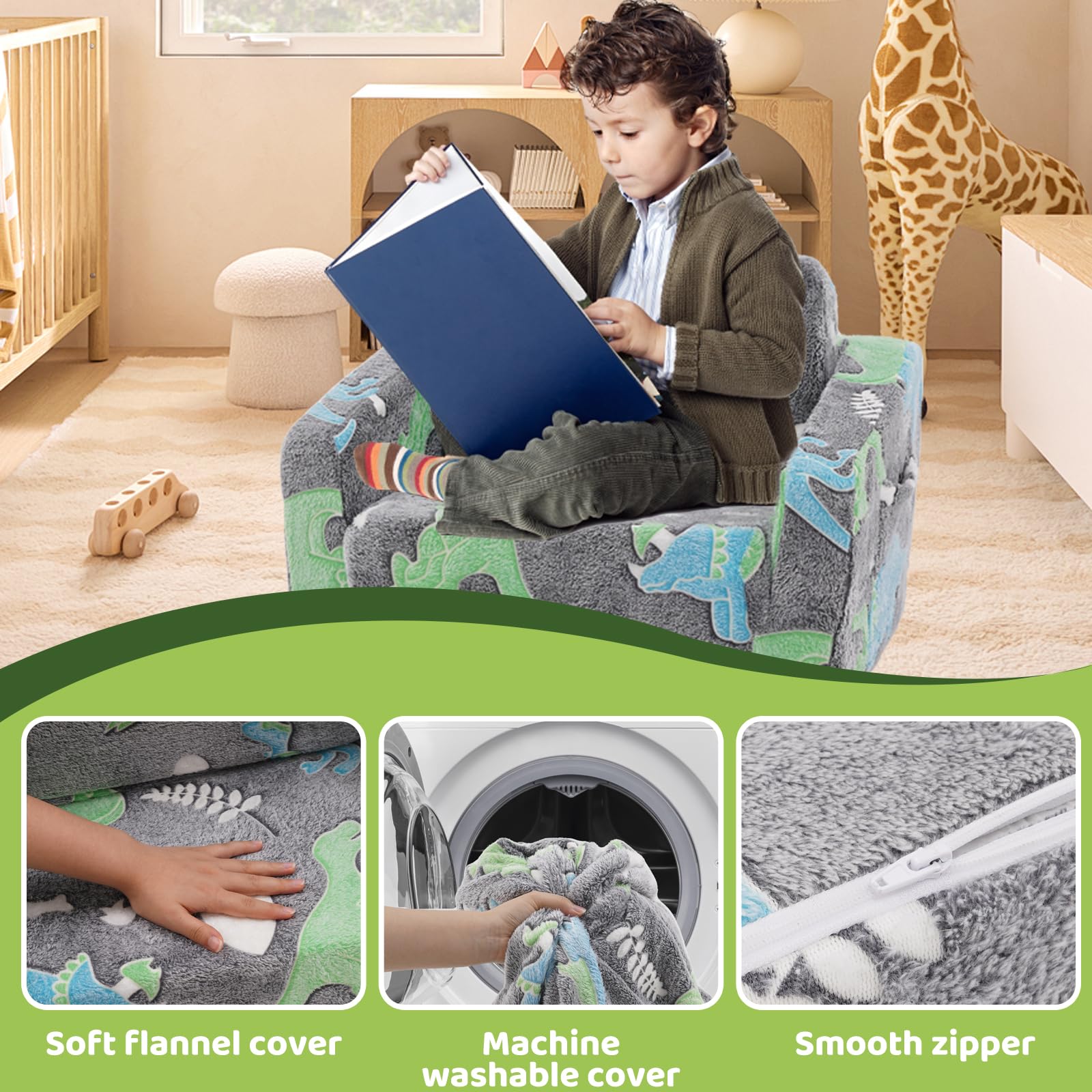 Yosamy Kindersofa, 2 in 1 Kindersofa Ausklappbar, Schlafsofa, Abnehmbar und Waschbar, Mini Spielsofa für Jungen und Mädchen Kinderzimmer, Dinosauriermuster - Image 2